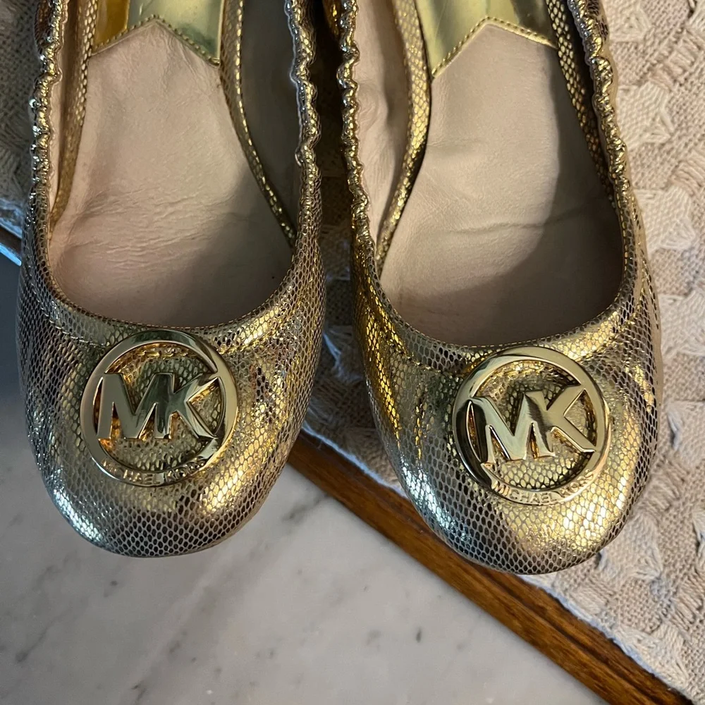 MICHAEL KORS Classic Fulton‎ Python Embossed Ballet Flats Gold Metallic Wms Sz 8